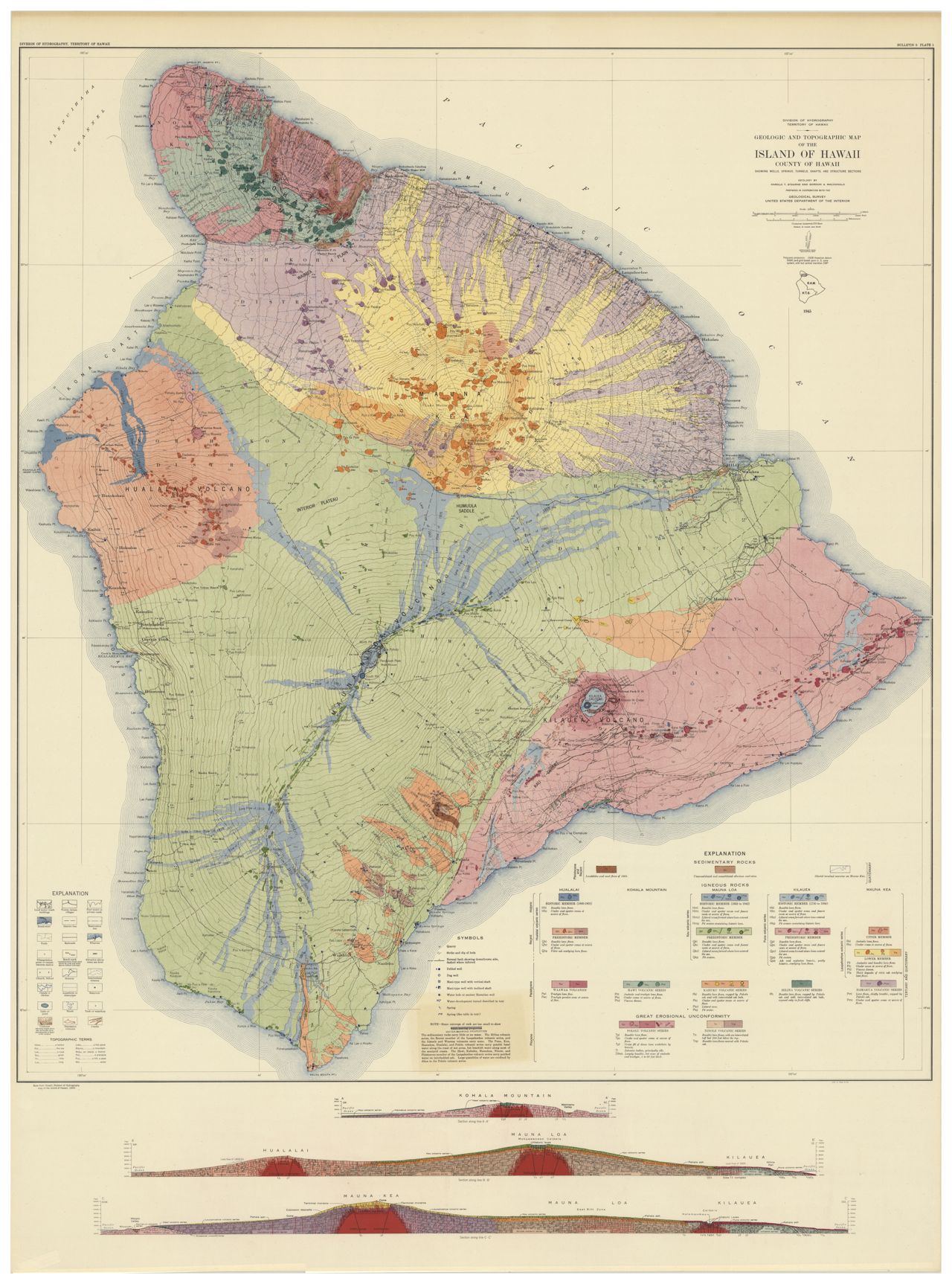 1945 Geologic and Topographic Map of the Island of Hawaii